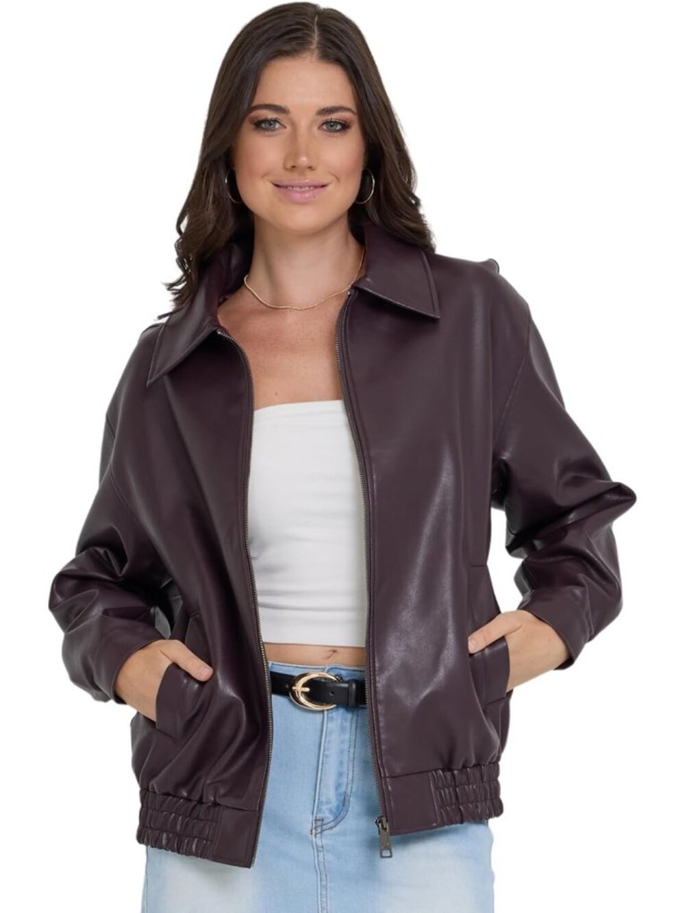 Steve Madden Women's Burgundy Long Sleeve Faux Leather SOLID Bomber Jackets